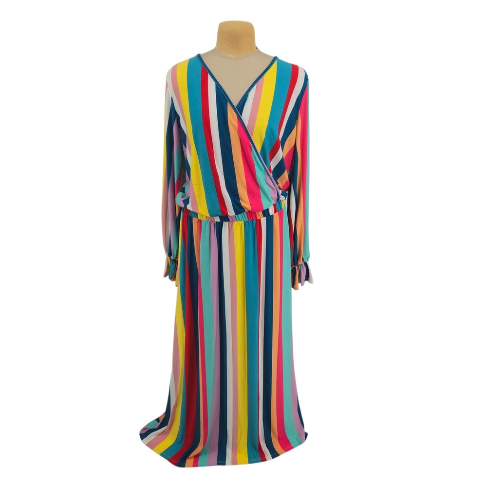 Ashley Stewart Maxi Dress Women 18/20 Multicolor Stripe Faux Wrap Pride Dopamine